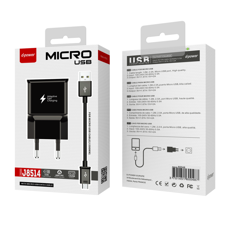 Prise secteur + câble micro USB - Noir