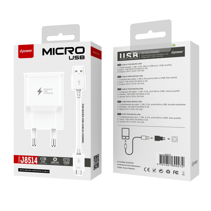 Prise secteur + câble microUSB - Blanc